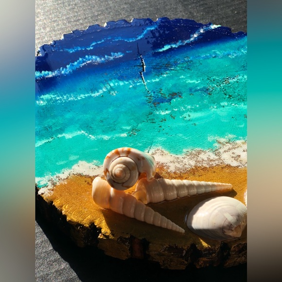 Beach Acrylic Artwork on Wood Slice - Picture 5 of 9